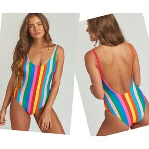 Mumu Mermaid Topanga rainbow stripe low back scoop one piece bikini Small NWOT